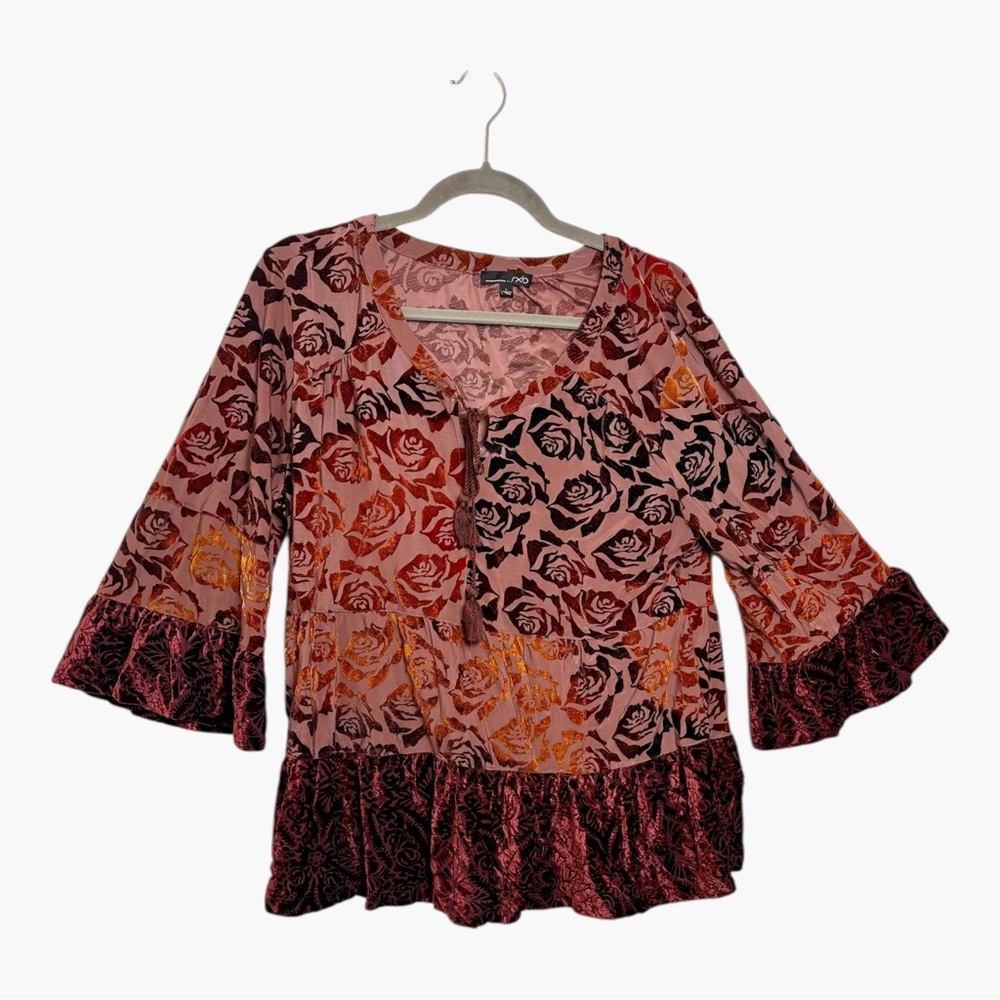 RXB Burgundy Red & Orange Burnout Velvet Floral Peplum Top Large